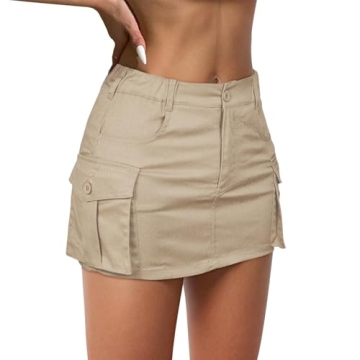 Century Star Womens Y2k Low Waist Mini Cargo Denim Skirt Button Bodycon with Pocket Grey Khaki Mediu...