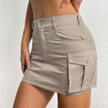 Century Star Womens Y2k Low Waist Mini Cargo Denim Skirt Button Bodycon with Pocket Grey Khaki Medium