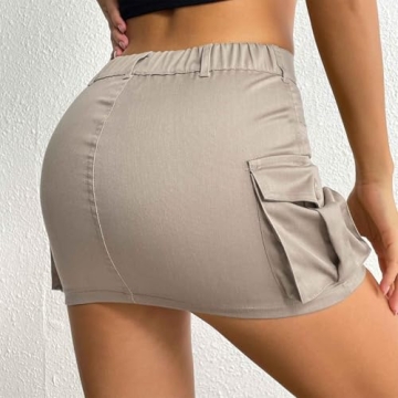 Century Star Womens Y2k Low Waist Mini Cargo Denim Skirt Button Bodycon with Pocket Grey Khaki Medium