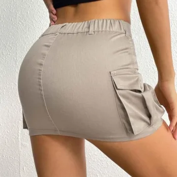 Century Star Womens Y2k Low Waist Mini Cargo Denim Skirt Button Bodycon with Pocket Grey Khaki Medium