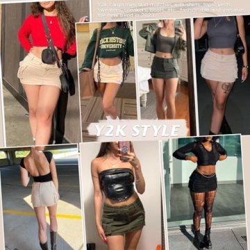 Century Star Womens Y2k Low Waist Mini Cargo Denim Skirt Button Bodycon with Pocket Grey Khaki Medium