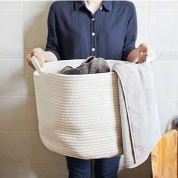 Orino Cotton Rope Storage Baskets with Handles, Soft Durable Laundry Baskets Nursery Hamper Organizer for Kids' Toys Home Decor Blanket Basket (15"x10", Large, Off White)