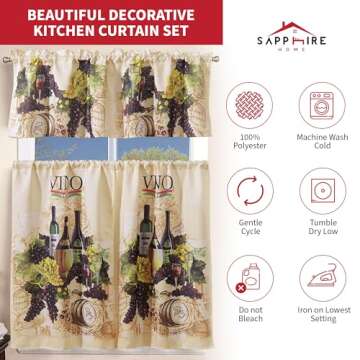 Sapphire Home Kitchen Curtain Linen 3 Piece Set - 2 Tiers + 1 Tailored Valance, Chef Inspired Design Linen Stylish Window Curtains for Kitchen Décor, KC Chef