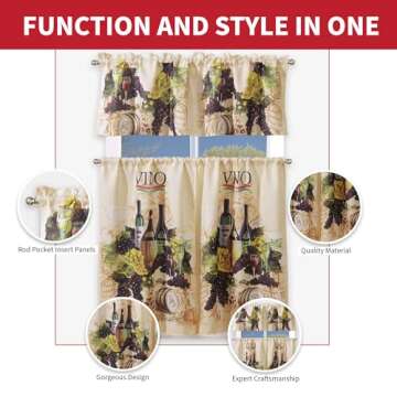 Sapphire Home Kitchen Curtain Linen 3 Piece Set - 2 Tiers + 1 Tailored Valance, Chef Inspired Design Linen Stylish Window Curtains for Kitchen Décor, KC Chef