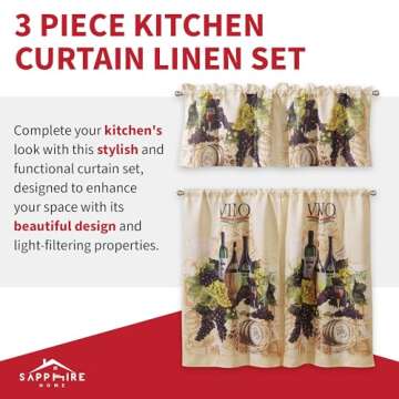 Sapphire Home Kitchen Curtain Linen 3 Piece Set - 2 Tiers + 1 Tailored Valance, Chef Inspired Design Linen Stylish Window Curtains for Kitchen Décor, KC Chef