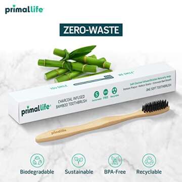Primal Life Organics - Charcoal Toothbrush, Made with Charcoal & Bamboo, Biodegradable, BPA-Free, Perfect for Kids & Adults, Recyclable, Gently Massages Gums & Teeth, Zero Waste Toothbrush, (1-Pack)