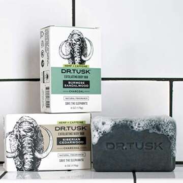 DR. TUSK Mens Soap Bar | Exfoliating Body Bar for Men | Natural Bars with Activated Charcoal, Caffeine, Hempseed and Palm | Siberian Cedarwood | USA-made | Pack of 3