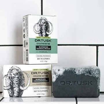 DR. TUSK Mens Soap Bar | Exfoliating Body Bar for Men | Natural Bars with Activated Charcoal, Caffeine, Hempseed and Palm | Siberian Cedarwood | USA-made | Pack of 3