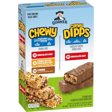 Quaker Chewy Granola Bars, Chewy & Dipps 4 Flavor Variety Pack, 58 Pack, Chocolate Chip, Peanut Butt...
