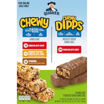 Quaker Chewy Granola Bars, Chewy & Dipps 4 Flavor Variety Pack, 58 Pack, Chocolate Chip, Peanut Butter Chocolate Chip, Smores flavors