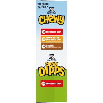 Quaker Chewy Granola Bars, Chewy & Dipps 4 Flavor Variety Pack, 58 Pack, Chocolate Chip, Peanut Butter Chocolate Chip, Smores flavors