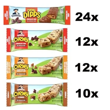 Quaker Chewy Granola Bars, Chewy & Dipps 4 Flavor Variety Pack, 58 Pack, Chocolate Chip, Peanut Butter Chocolate Chip, Smores flavors