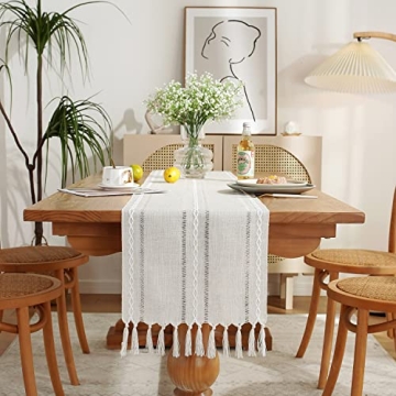 Rustic Farmhouse Style Linen Table Runner, Boho Handmade Tassel Embroidered 72" Long for Holiday Par...