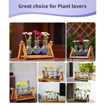 Nacome Plant Terrarium for Office Decor: Wooden Stand Tabletop Planter 3 Bulb Glass Vase Metal Swivel Holder for Hydroponics Indoor Home - Birthday Gifts for Women Mom Grandma
