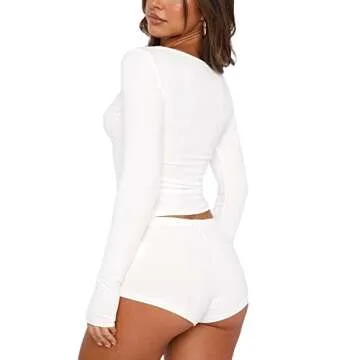 TDY-YYDS Women's 2 Piece Ribbed Knit Pajama Set Long Sleeve Button Down Tops and Shorts Lounge Set Sleepwear (White, M)