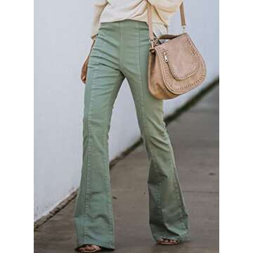 Sidefeel Women's Bell Bottoms Jeans Flared Elastic Waist Wide Legs Denim Pants Green Size 10