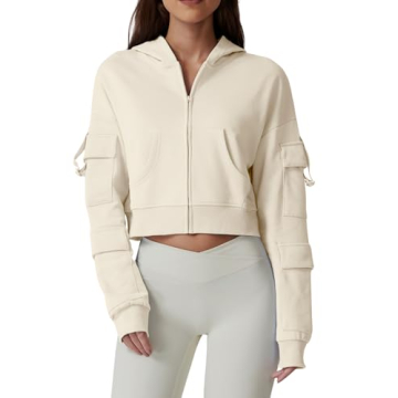 QINSEN Hoodies for Women Full Zip Up Cropped Sweatshirts Long Sleeves Adorned with Cargo Pockets Pul...