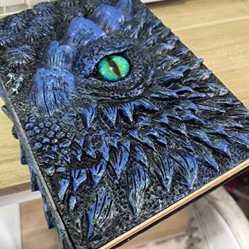 Dragon Secret Journal 3D Dragon Embossed Engraving Writing Notebook Retro Fantasy Journal Vintage Antique A5 Blank Paper Notepad Dragon Eye Keychain Gift (Blue Dragon)