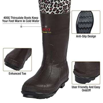 HISEA Neoprene Chest Waders Leopard Print Duck Hunting Waders for Women with Boots Cleated Waterproof Insulated Fishing Waders