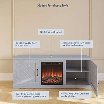 BELLEZE Modern 58" Farmhouse TV Stand with 18" Electric Fireplace Heater & Media Entertainment Center for TV up to 65", Console Table with Storage Cabinets - Hilo (Stone Grey)