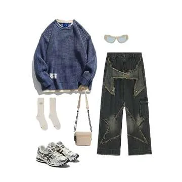 Oversized Knit Sweater Solid Vintage Pullover Sweater Unisex Woven Crewneck Knitted Tops