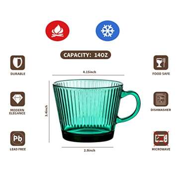 Buaic Glass Coffee Mugs, 14 Oz Set of 2 Vertical Stripes Green Glass Cups Stackable Coffee Cups, Tea...