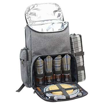 Picnic Backpack for 4 | Picnic Basket | Stylish All-in-One Portable Picnic Bag with Complete Cutlery Set, Stainless Steel S/P Shakers | Picnic Blanket Waterproof Extra Large| Cooler Bag for Camping