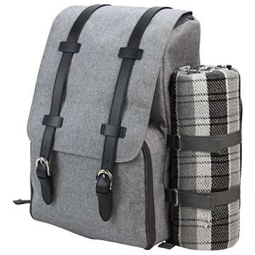 Picnic Backpack for 4 | Picnic Basket | Stylish All-in-One Portable Picnic Bag with Complete Cutlery Set, Stainless Steel S/P Shakers | Picnic Blanket Waterproof Extra Large| Cooler Bag for Camping