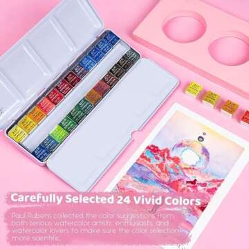 Paul Rubens Professional Watercolor Paint Set Artist Grade, 24 Vivid Colors with Portable Metal Box for Artists, Beginners, Hobbyists, Students