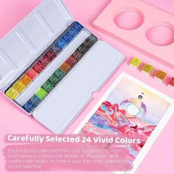 Paul Rubens Professional Watercolor Paint Set Artist Grade, 24 Vivid Colors with Portable Metal Box for Artists, Beginners, Hobbyists, Students