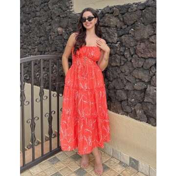 Women's 2025 Summer Beach Dress Floral V Neck Tie Front Spaghetti Strap Long Dress Boho Maxi Dress Orange Floral M
