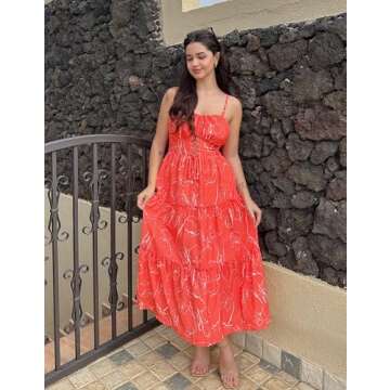 Women's 2025 Summer Beach Dress Floral V Neck Tie Front Spaghetti Strap Long Dress Boho Maxi Dress Orange Floral M