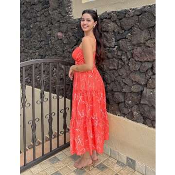 Women's 2025 Summer Beach Dress Floral V Neck Tie Front Spaghetti Strap Long Dress Boho Maxi Dress Orange Floral M