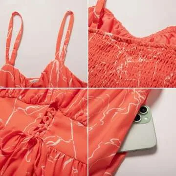 Women's 2025 Summer Beach Dress Floral V Neck Tie Front Spaghetti Strap Long Dress Boho Maxi Dress Orange Floral M