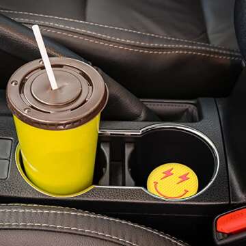 AellasNervalt 4Pcs Preppy Car Cup Coaster Smile Face Lightning Bolt Leopard Lip Silicone Drink Coasters Non-Slip Heat Resistant Mugs Mat Cup Holders Auto Accessories for Teen Girls Pink Yellow 2.8 in