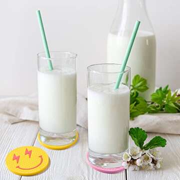 AellasNervalt 4Pcs Preppy Car Cup Coaster Smile Face Lightning Bolt Leopard Lip Silicone Drink Coasters Non-Slip Heat Resistant Mugs Mat Cup Holders Auto Accessories for Teen Girls Pink Yellow 2.8 in