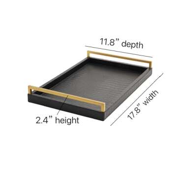 17.8X 11.8 Leather Ottoman Tray, Big Serving Tray with Brushed Gold Handles for Bars, Parties, Dinning, Decorative Tray for Modern Home Decor, Bathroom Vanity (Black)