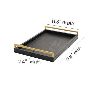 17.8X 11.8 Leather Ottoman Tray, Big Serving Tray with Brushed Gold Handles for Bars, Parties, Dinning, Decorative Tray for Modern Home Decor, Bathroom Vanity (Black)