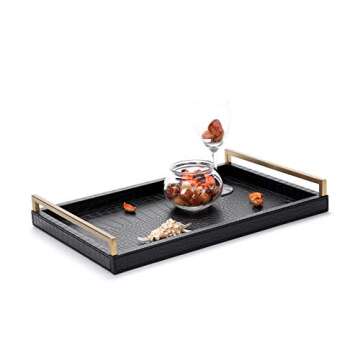 17.8X 11.8 Leather Ottoman Tray, Big Serving Tray with Brushed Gold Handles for Bars, Parties, Dinning, Decorative Tray for Modern Home Decor, Bathroom Vanity (Black)