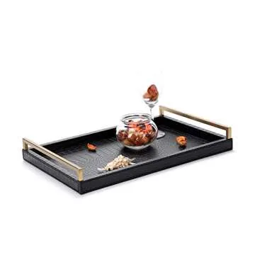 17.8X 11.8 Leather Ottoman Tray, Big Serving Tray with Brushed Gold Handles for Bars, Parties, Dinning, Decorative Tray for Modern Home Decor, Bathroom Vanity (Black)