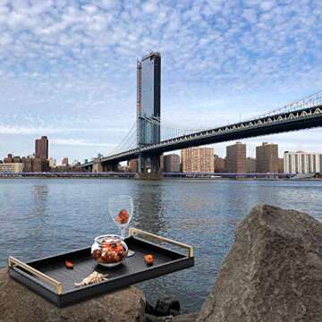 17.8X 11.8 Leather Ottoman Tray, Big Serving Tray with Brushed Gold Handles for Bars, Parties, Dinning, Decorative Tray for Modern Home Decor, Bathroom Vanity (Black)