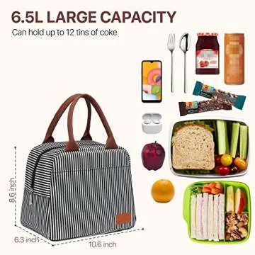 Bagseri Insulated Lunch Bag Women - Lunch Bag for Women Men Reusable Lunch Box Leakproof Thermal Cooler Sack Food Handbags Case High Capacity for Work and Picnic (Black White Stripe)