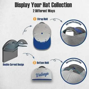BRATEAYA Adhesive Hat Hooks for Wall (10 Pack) - 2 Different Ways Hat Racks to Organize & Display Baseball Caps, No Drilling Hat Wall Hanger, Hat Organizer Rack for Men, Translucent Black