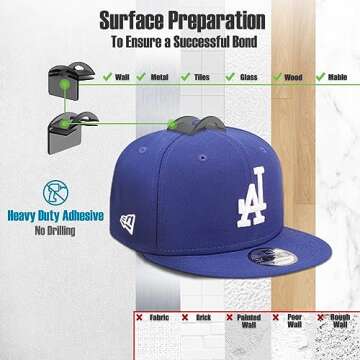 BRATEAYA Adhesive Hat Hooks for Wall (10 Pack) - 2 Different Ways Hat Racks to Organize & Display Baseball Caps, No Drilling Hat Wall Hanger, Hat Organizer Rack for Men, Translucent Black