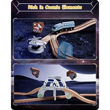 SainSmart Jr. Wooden Space Station Train Set 35pcs, Wood Spaceship Theme with Astronaut, Alien and Helicopter for 3+ Kids and Toddlers