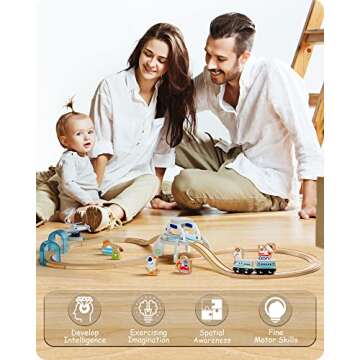 SainSmart Jr. Wooden Space Station Train Set 35pcs, Wood Spaceship Theme with Astronaut, Alien and Helicopter for 3+ Kids and Toddlers