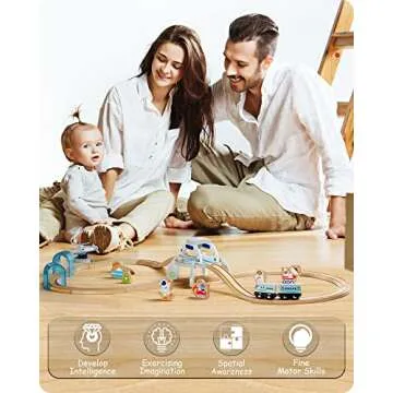 SainSmart Jr. Wooden Space Station Train Set 35pcs, Wood Spaceship Theme with Astronaut, Alien and Helicopter for 3+ Kids and Toddlers