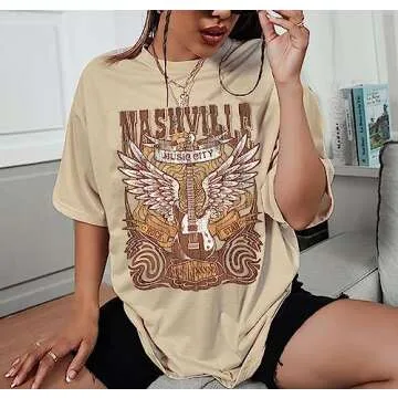 Nashville Music City T-Shirt Women Country Music Oversized Shirts Rock Band Tshirt Vintage Guitar Wi...