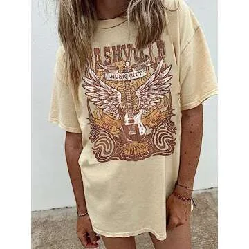 Nashville Music City T-Shirt Women Country Music Oversized Shirts Rock Band Tshirt Vintage Guitar Wings Graphic Tees(Beige,XX-Large)