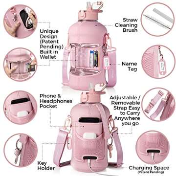 Half Gallon 2.2L Water Bottle With Straw 74oz Large Gym Water Bottle With Storage Sleeve, Bottle Brush, BuiltIn Wallet, Pockets for Phone & AirPod, BPA Free Big Sports Water Jug w/Carry Handle, Pink